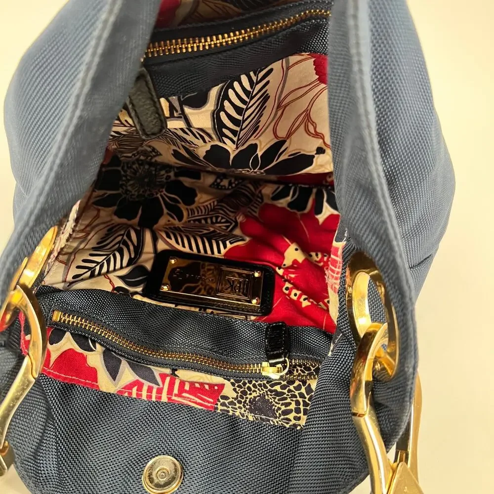 JPK Paris 75 Hobo Bucket Shoulder Bag Navy Blue Canvas Leather Strap Gold Buckle